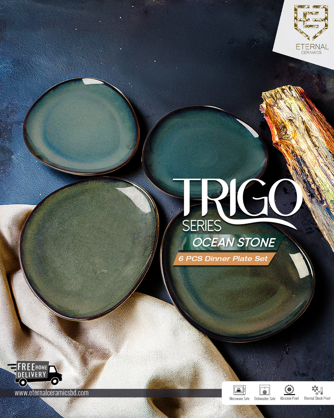 Trigo Ocean Stone 6 Pieces Dinner Plate Set