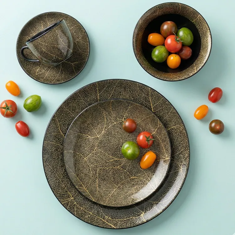 32 Pcs Dinner Set | Black & Gold | Luxe Leaf