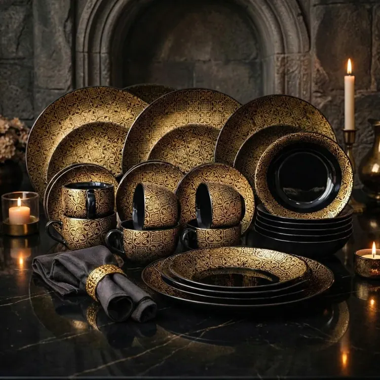 32 Pcs Dinner Set | Black & Gold | Relic