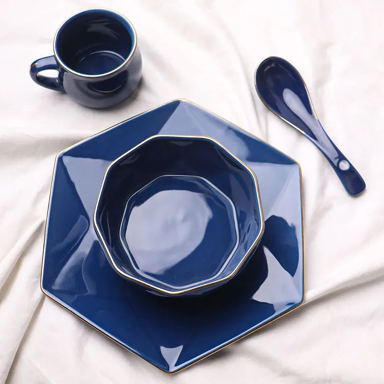 Diamond Cut 4 Pieces Baby Set with Gold Lining (Blue)