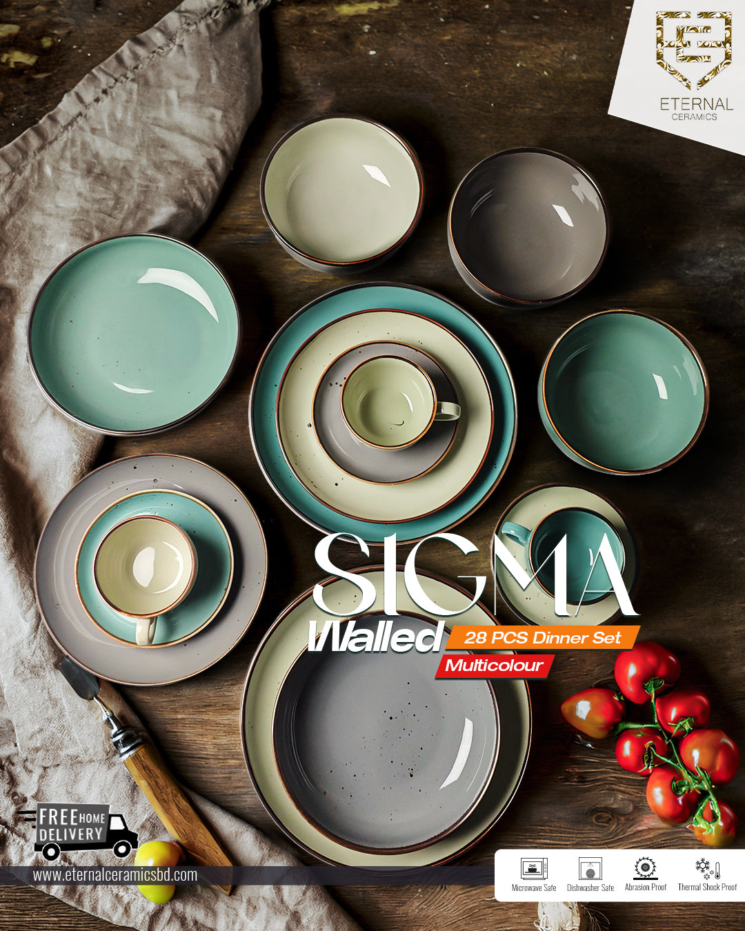 Sigma Walled Multicolor Dinner Set - 28 Pieces Set
