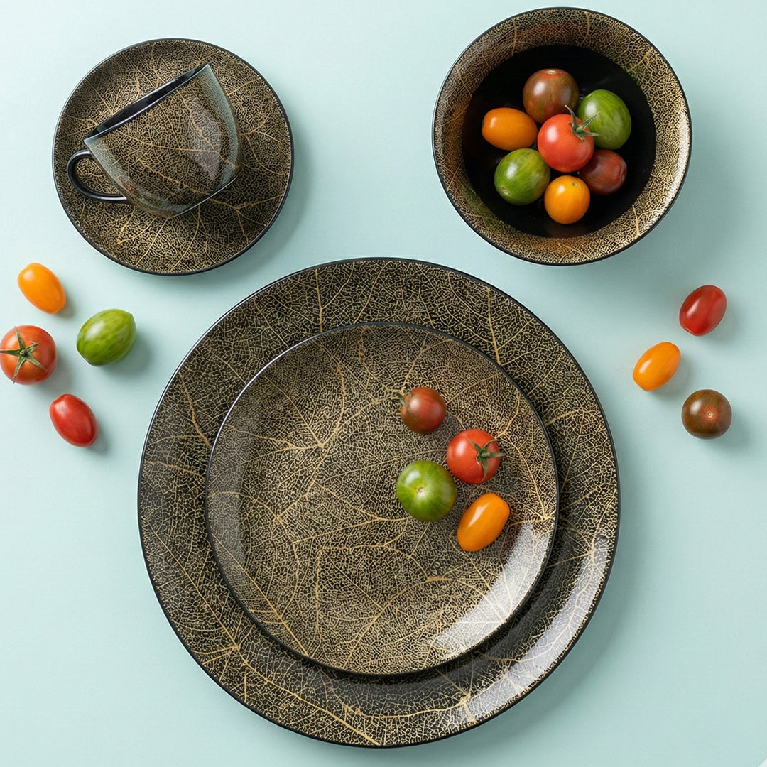 32 Pcs Dinner Set | Black & Gold | Luxe Leaf