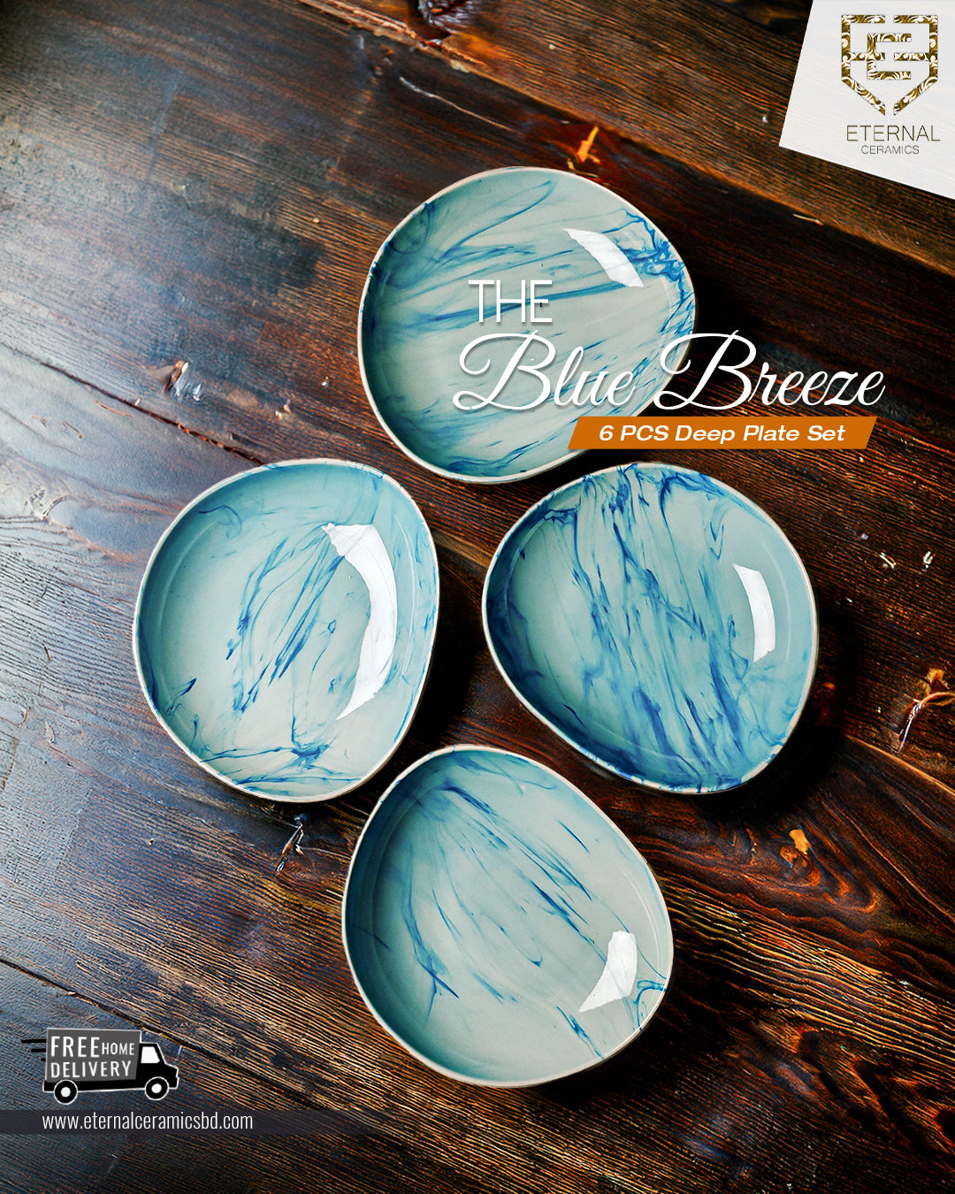 Blue Breeze 6 Pieces Deep Plate Set (23 CM)