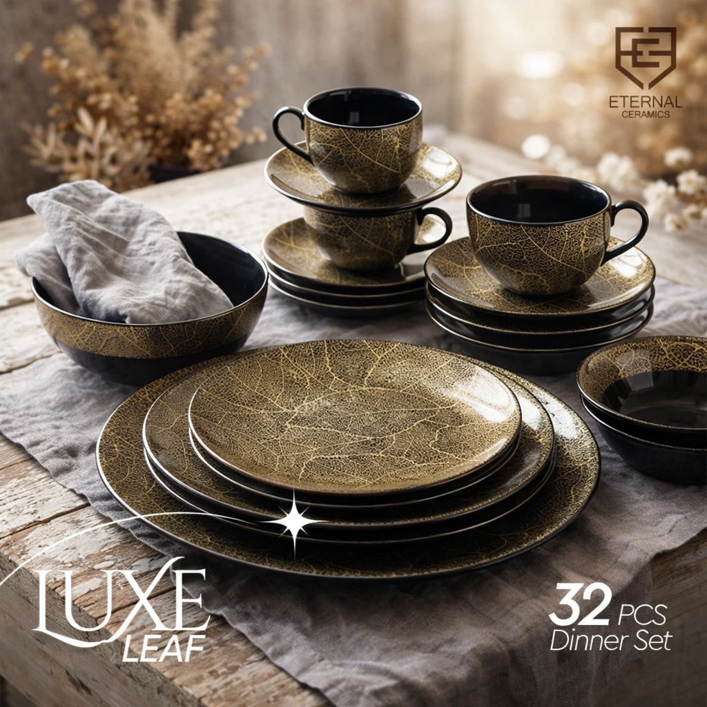 32 Pcs Dinner Set | Black & Gold | Luxe Leaf
