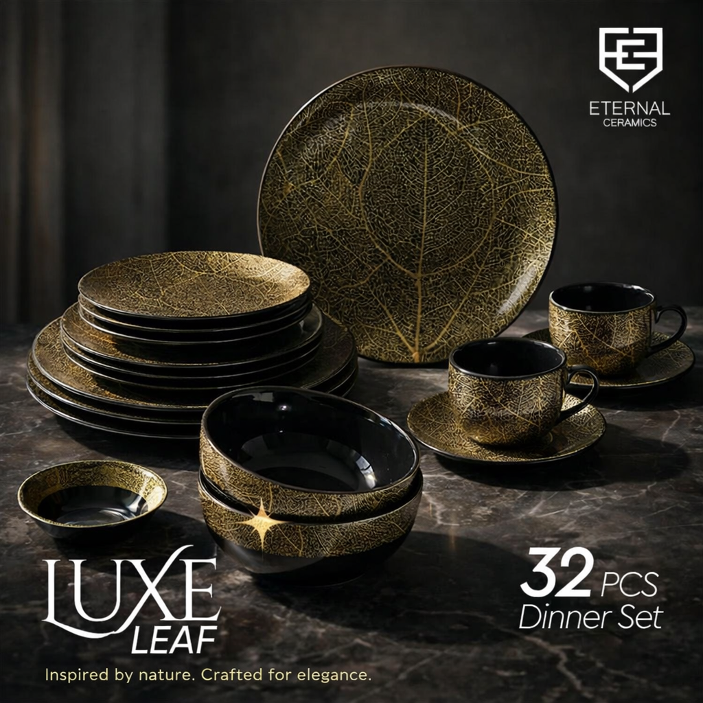 32 Pcs Dinner Set | Black & Gold | Luxe Leaf