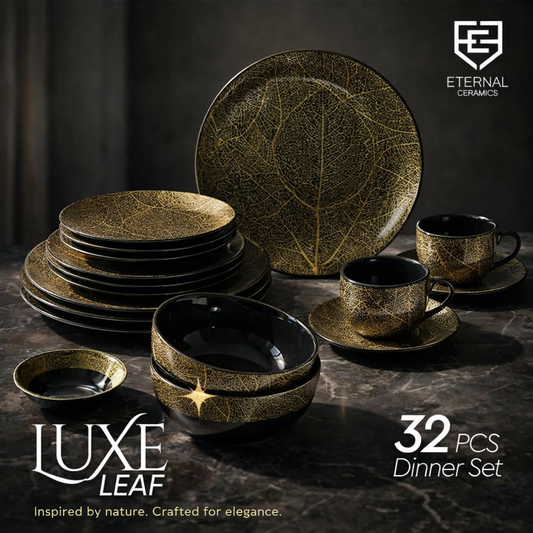 32 Pcs Dinner Set | Black & Gold | Luxe Leaf