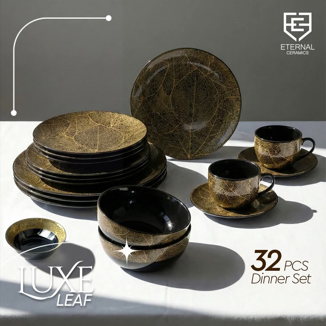 32 Pcs Dinner Set | Black & Gold | Luxe Leaf