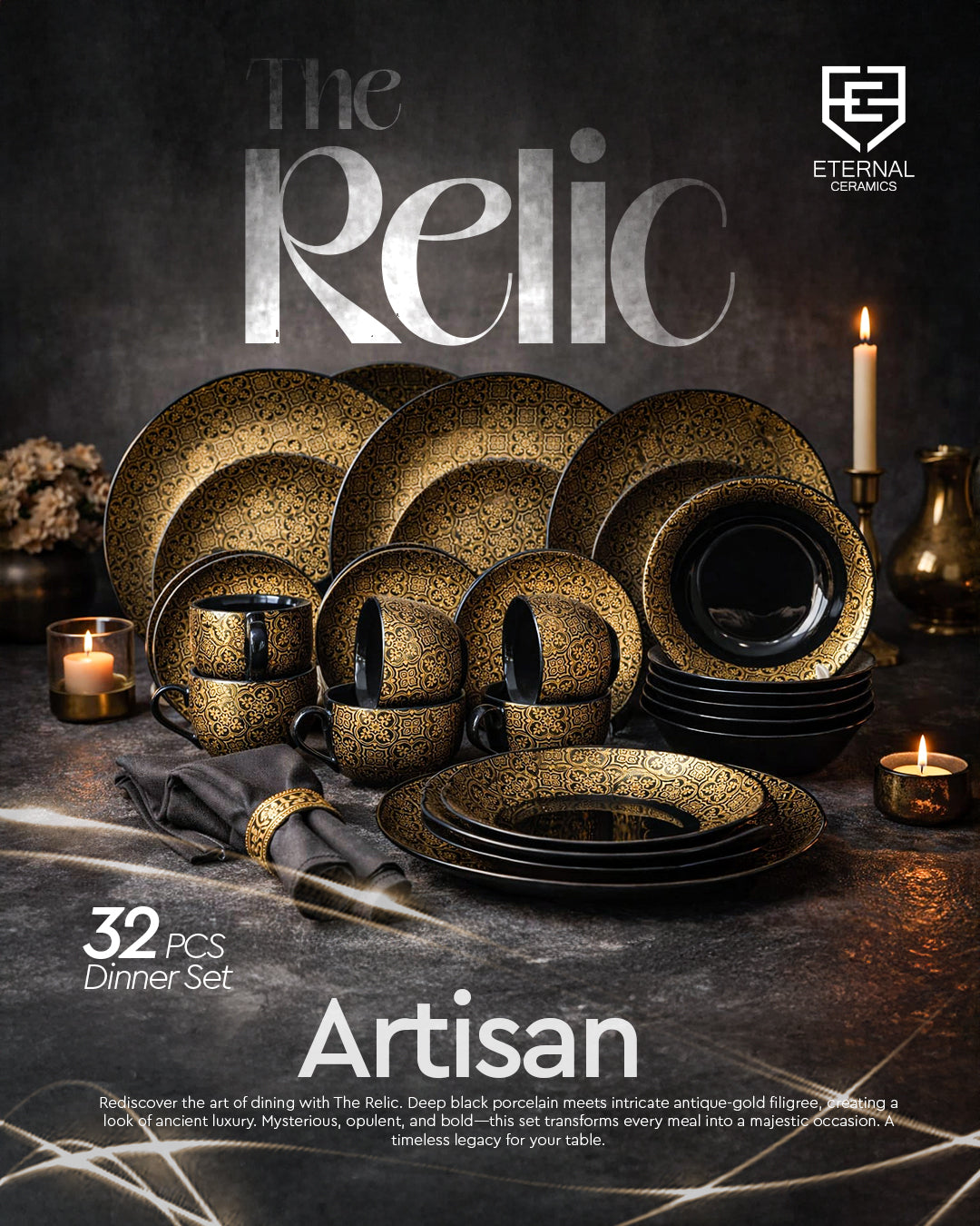 32 Pcs Dinner Set | Black & Gold | Relic